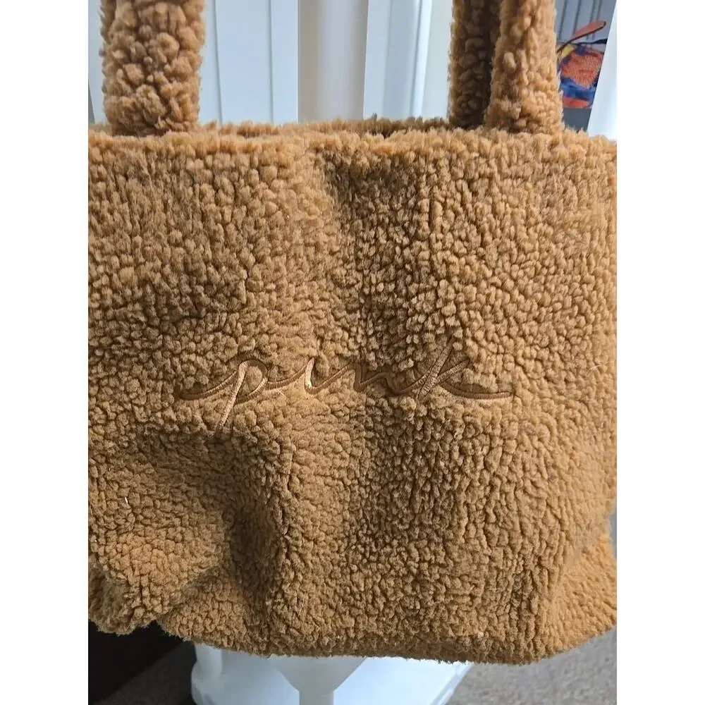Nwt Victoria's Secret PINK Brown Cozy Plush Fleece Satchel Tote Shoulder Bag‎